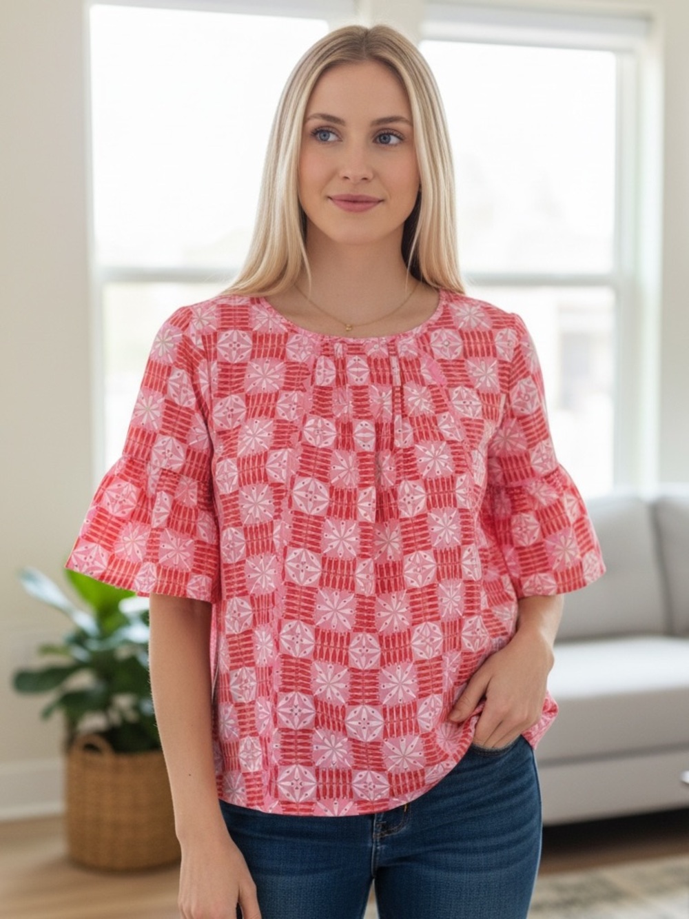 NWT Mary Square Size Large Pink and Red Jane Top